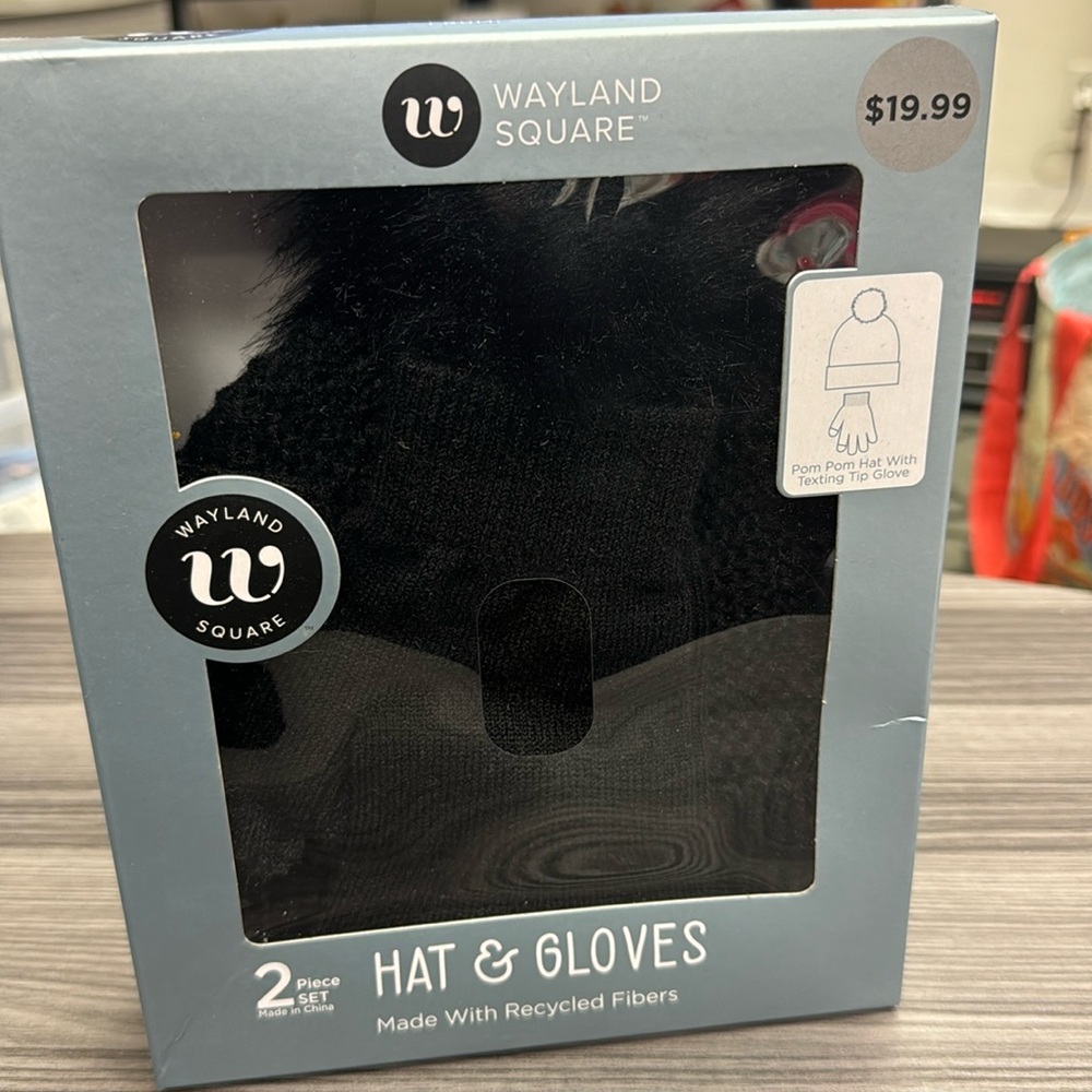 Wayland Square hat and glove set hat and gloves are black texting tip gloves
